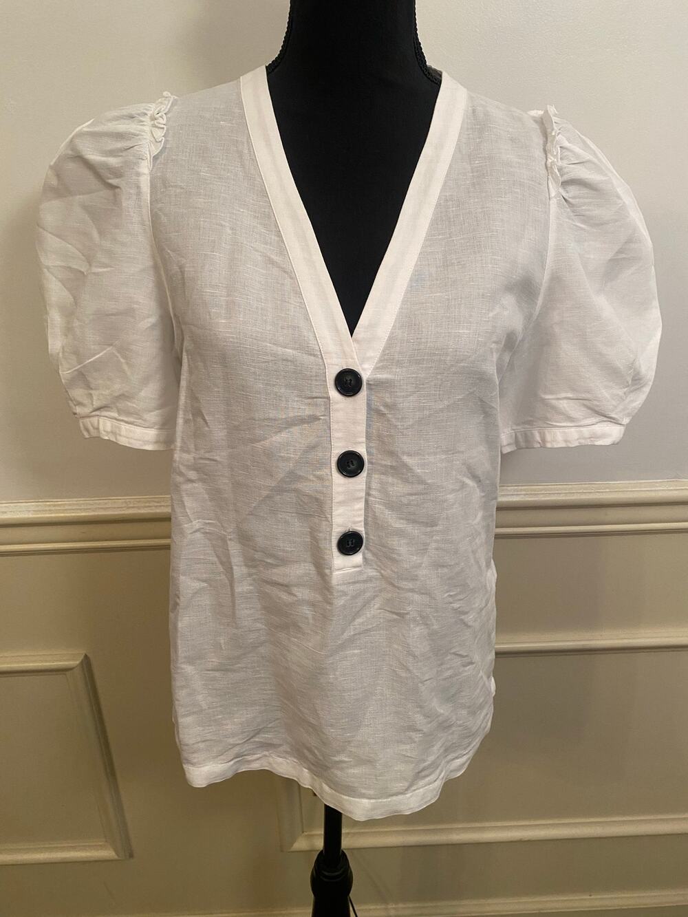 G. Label Goop Kelsey Linen Blend Puff Sleeve Top V Neck Button Front Italy